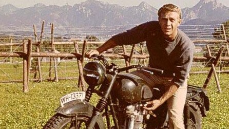 Actor Steve McQueen in the famous motorbike scene from The Great Escape.