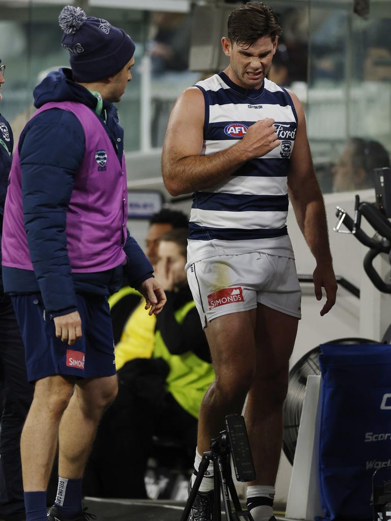 Hawkins after limping to the bench. Pic: Michael Klein