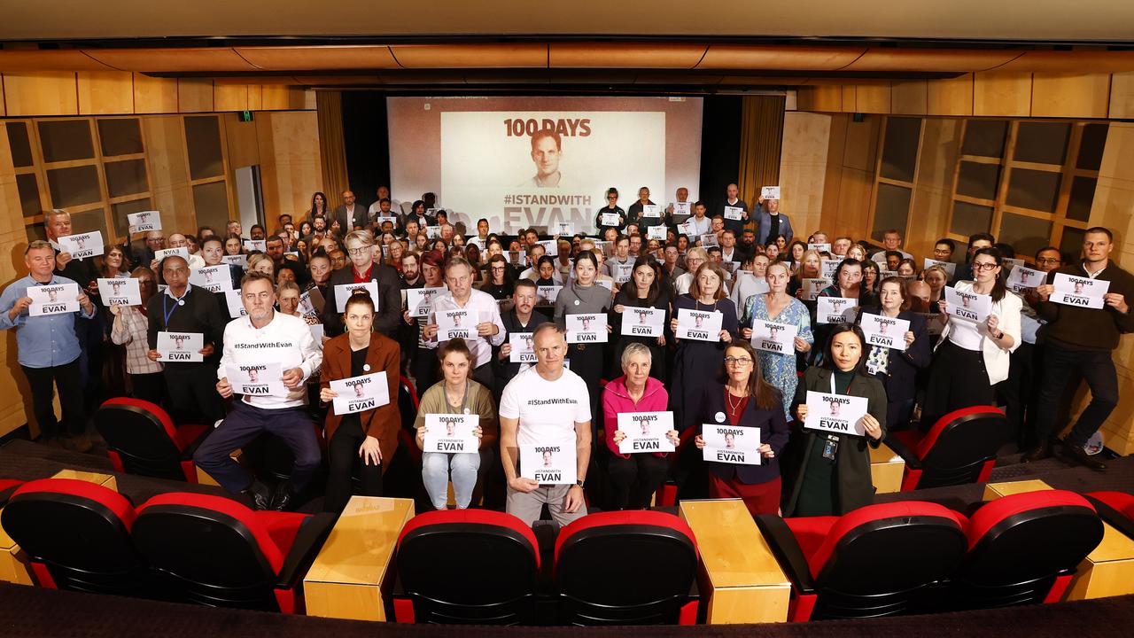 News Corp staff in Sydney’s inner-city Surry Hills show their solidarity with journalist Evan Gershkovich to mark 100 days since he was arrested by Russia’s Federal Security Service on ­allegations of espionage. Picture: Richard Dobson