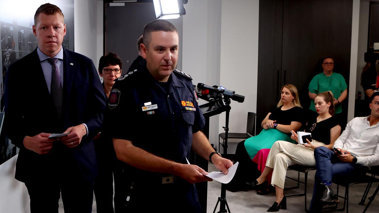 Emergency Services Minister Joe Szakacs, CFS Chief Officer Brett Loughlin and SES Acting Chief Officer Liz Connell in December last year. Picture: NCA NewsWire / Kelly Barnes