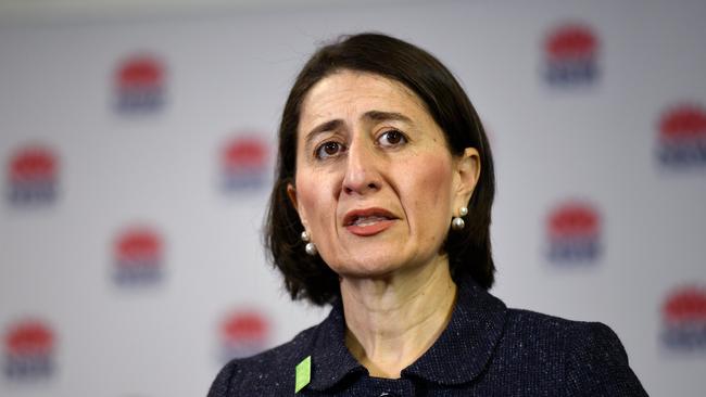 NSW Premier Gladys Berejiklian announcing the number of new cases today. Picture: Bianca De Marchi