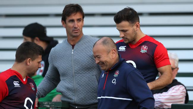 Andrew Johns talks to Ben Youngs, Danny Care and Eddie Jones at Coogee Oval.