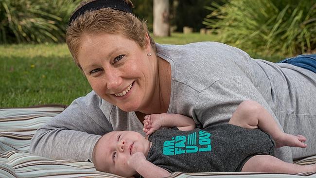 Cancer mum Katy Reitch with her 6 week old baby Ryan. Picture: Jake Nowakowski