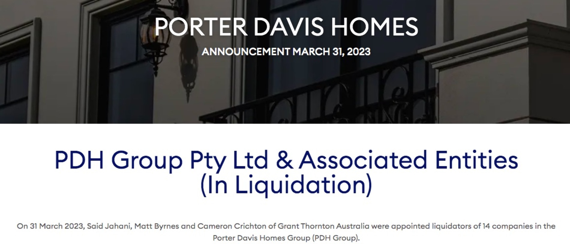 The liquidation notice on the Porter Davis website. Picture: Supplied