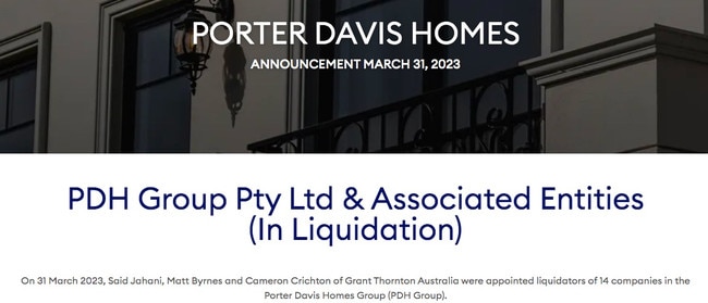 The liquidation notice on the Porter Davis website. Picture: Supplied