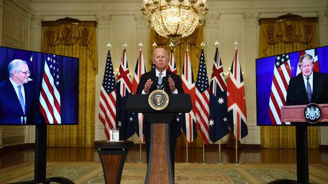 Joe Biden announces the AUKUS deal with Boris Johnson (R) and Scott Morrison. Picture: AFP.