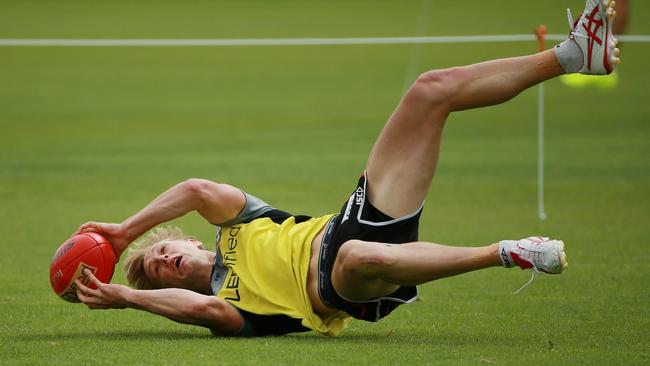 Daniel Markworth shows off his skills at St Kilda training. Picture: Colleen Petch