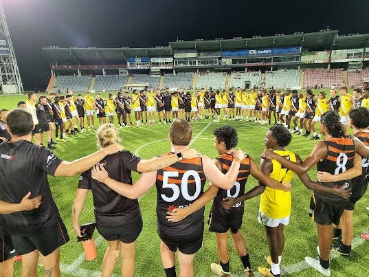 Team Jeffrey and Team Rosas after their 2021 NAB League Championship game. Picture: AFLNT Media