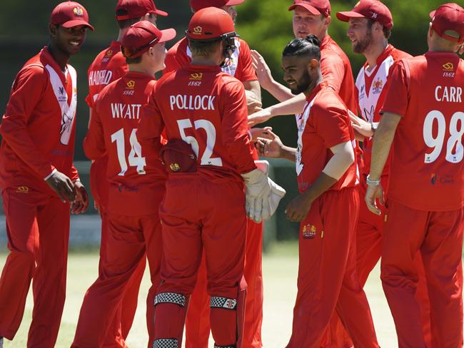 Premier Cricket: Frankston Peninsula v Casey South Melbourne. Casey South Melbourne  players celebrating a wicket. Picture: Valeriu  Campan