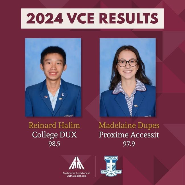 Reinard Halim is Loyola College's dux of 2024, while Madelaine Dupes was the proxime accessit.