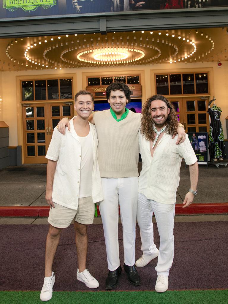 Aydan Calafiore, Benny Gregs and Mark Abnett on the Green Carpet for the Queensland Premiere of Ã&#146;BeetlejuiceÃ&#147; at Warner Brothers Movie World on the Gold Coast. Picture: Glenn Campbell