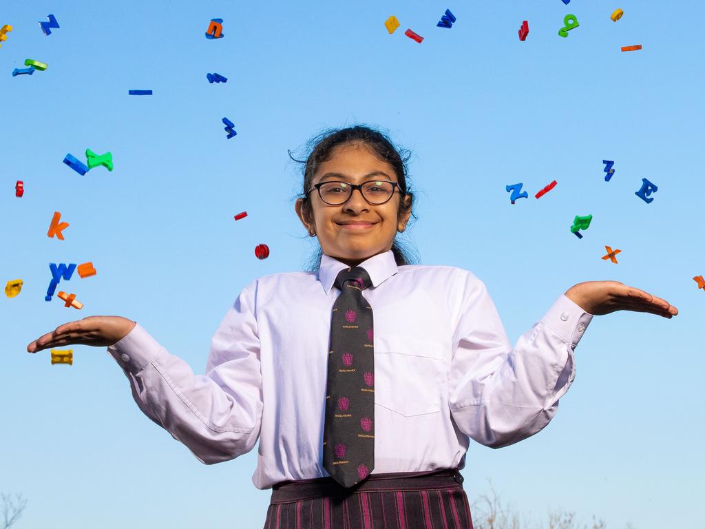 Theekshitha Karthik, 11, is the national champion of the Prime Minister's Spelling Bee in the Year 5-6 age group. The Haileybury College student blitzed the competition, run by Kids News and News Corp Australia, scoring 29/30 in a lightning fast 1 min 12 sec. She's now off to Canberra to meet the Prime Minister. Picture: Jason Edwards