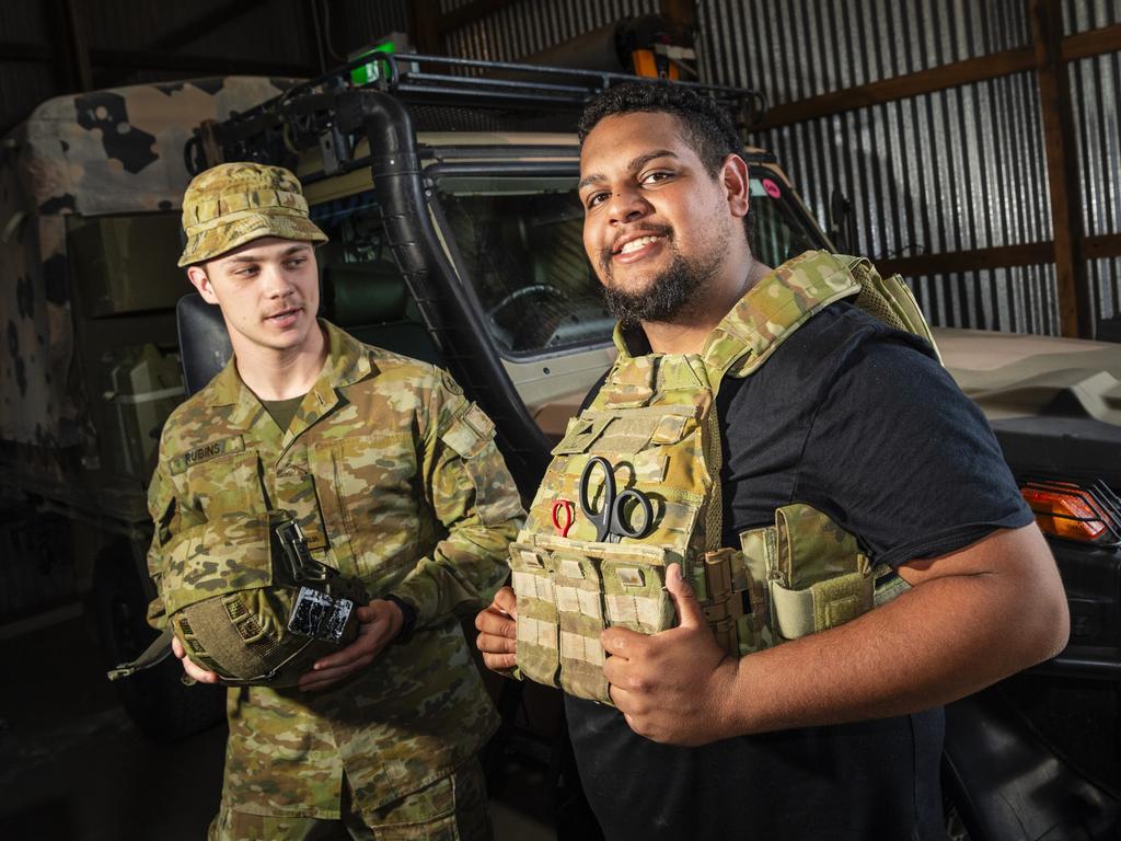 PTE Leighton Rubins of 25/49 RQR shows some army kit to Malakai Cummins. Picture: Kevin Farmer