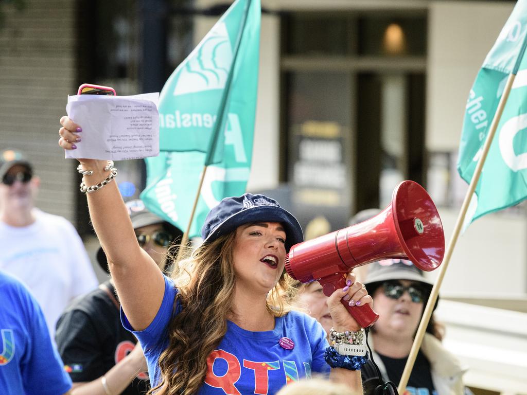 Genevieve Pearson of QTU on the megaphone during the Toowoomba Labour Day March, Saturday, May 3, 2025. Picture: Kevin Farmer