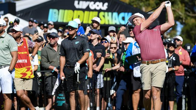 Cameron Smith tees off in front of the massive crowd in Adelaide. Picture: Mark Brake/Getty Images