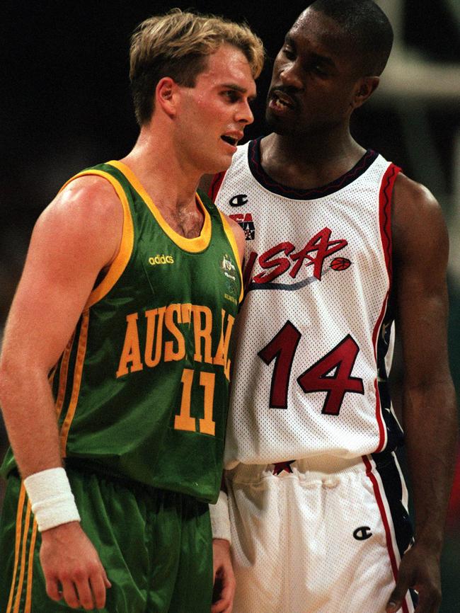 Gary Payton gets in the face of Shane Heal during the 1996 Olympics.