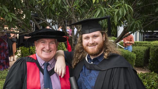 Retired UniSQ lecturer Dr Stuart Thorp came out of retirement to join the academic procession so he could be there when his son Zachary Thorp graduated with his Bachelor of Arts at UniSQ graduation ceremony at Empire Theatres, Tuesday, February 13, 2024. Picture: Kevin Farmer