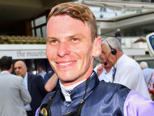 Jockey Ben Melham returns to scale after riding Chicago Cub to victory in race 5, the Qms Sprint, during the Flemington Twilight Races at Flemington Racecourse in Melbourne, Sunday, February 9, 2020. (AAP Image/Vince Caligiuri) NO ARCHIVING, EDITORIAL USE ONLY