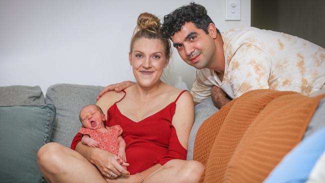 Peter Spanner and Kaylah Jeffries-Tapper and their beautiful newborn Payge after a surprise sudden birth at home and had to be talked through it by paramedics. Picture: Glenn Campbell