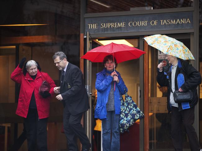 Sue Neill-Fraser supporters leave the Supreme Court in Hobart after Monday’s hearing. Picture: CHRIS KIDD