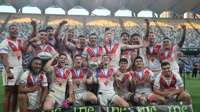 St George Dragons celebrate their SG Ball Cup title, the club’s first in more than 30 years. Picture: Warren Gannon Photography