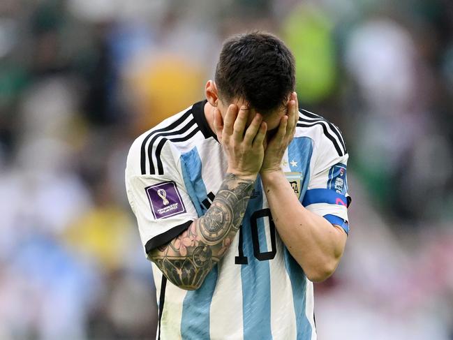 LUSAIL CITY, QATAR - NOVEMBER 22: Lionel Messi of Argentina shows dejection during the FIFA World Cup Qatar 2022 Group C match between Argentina and Saudi Arabia at Lusail Stadium on November 22, 2022 in Lusail City, Qatar. (Photo by Matthias Hangst/Getty Images) *** BESTPIX ***