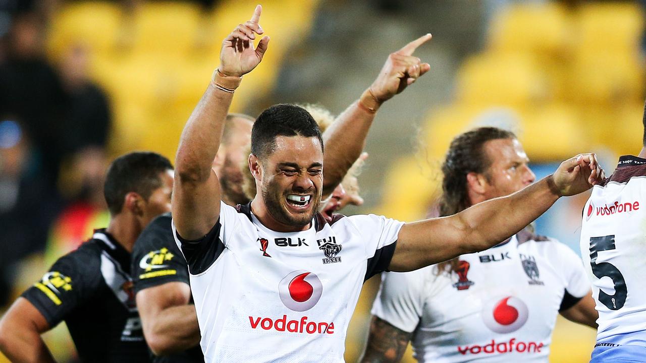 Jarryd Hayne of Fiji celebrates the win during the 2017 Rugby League World Cup.