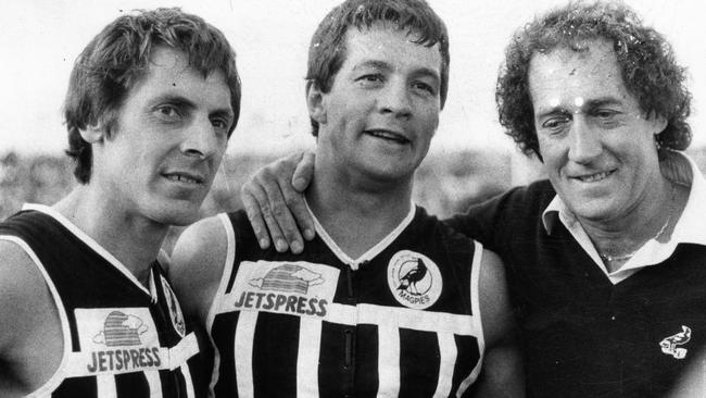 Russell Ebert, David Granger and coach John Cahill after winning the 1981 SANFL grand final.