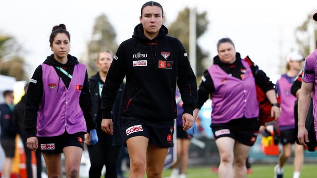 Essendon co-captain Bonnie Toogood will miss the next six to eight weeks after suffering a medial ligament injury in a collision with teammate Amber Clarke. Picture: Michael Willson / Getty Images