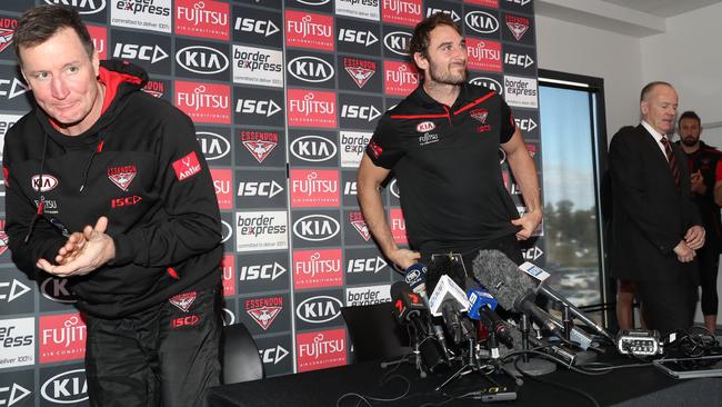 Jobe Watson and John Worsfold at today’s announcement. Picture: Alex Coppel