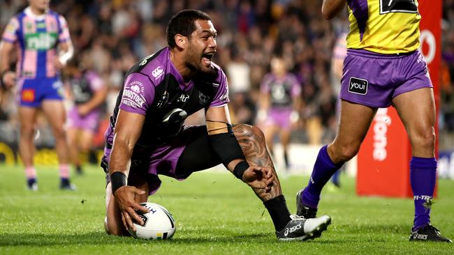 AUCKLAND, NEW ZEALAND — AUGUST 10: Adam Blair of the Warriors celebrates his try during the round 22 NRL match between the New Zealand Warriors and the Newcastle Knights at Mt Smart Stadium on August 10, 2018 in Auckland, New Zealand. (Photo by Phil Walter/Getty Images)