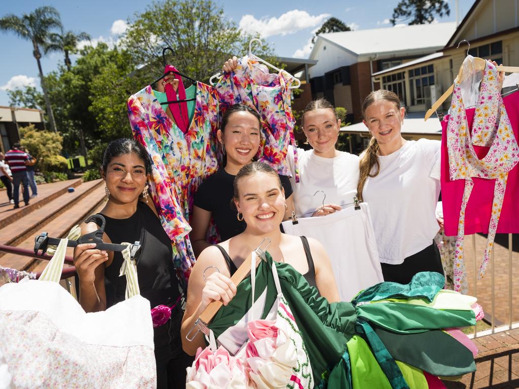 Fairholme fashion senior competition design winner Pip Lilford (front, centre) holding her winning design with student models (back, from left) Sruthi Gandu, Rachel Yap, Lizzie Kelly and Jordi Chesterfield at the Fairholme College Spring Fair, Saturday, October 21, 2023. Picture: Kevin Farmer