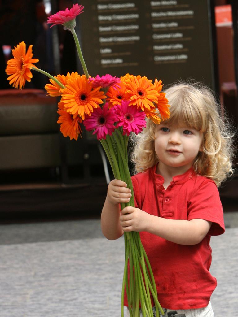 Phoenix French 2yrs from Holland Park holding handful of large gerberas. Picture: David Martinelli.