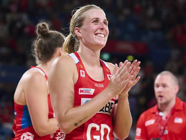 SYDNEY, AUSTRALIA - APRIL 21: Maddy Turner of the Swifts celebrates victory during the round two Super Netball match between NSW Swifts and Melbourne Mavericks at Ken Rosewall Arena, on April 21, 2024, in Sydney, Australia. (Photo by Brett Hemmings/Getty Images)