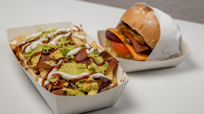 I can’t believe it’s not meat! The LC Miami’s loaded fries and the Big BVK from BVK (Burgers Vs Kebabs). Picture: Jerad Williams