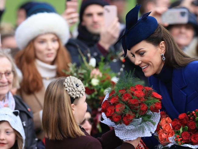 Kate and Mia Tindall greet wellwishers after attending the Christmas Morning Service at Sandringham Church on December 25, 2023. Picture: Stephen Pond/Getty Images