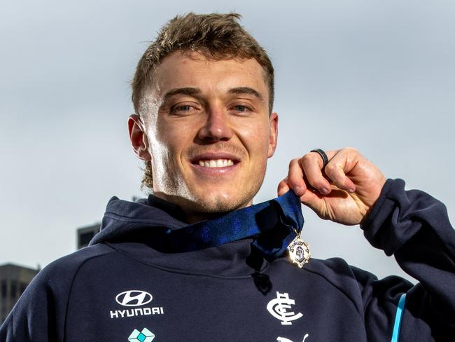 MELBOURNE, AUSTRALIA - SEPTEMBER 24: 2024 Brownlow Medal winner Patrick Cripps of the Blues poses for a photo at Crown Promenade Riverside on September 24, 2024 in Melbourne, Australia. (Photo by Darrian Traynor/Getty Images)