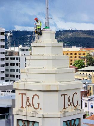 Brian Burford atop Hobart’s T&amp;G tower. Picture: RICHARD GERATHY