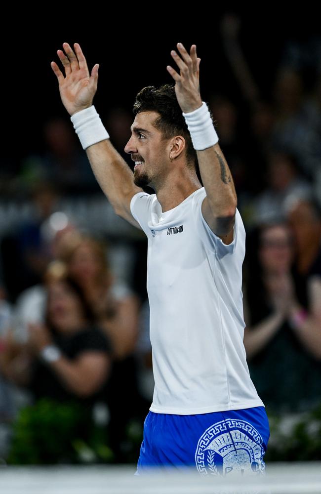 Thanasi Kokkinakis celebrates his win against Tomas Martin Etcheverry. Picture: Getty Images