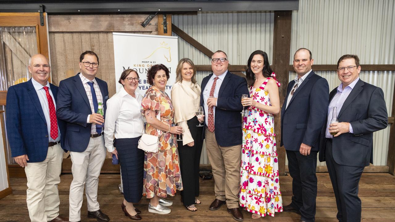 Representing Mort and Co are (from left) Charlie Mort, Brett Williams, Helen Redfern, Leanne Matthewson, Heather O'Brien, Stephen O'Brien, Liz Kennedy, Glenn Muller and Michael Matthewson at the slot holder draw luncheon for Mort and Co King of the Mountain, Friday, October 7, 2022. Picture: Kevin Farmer