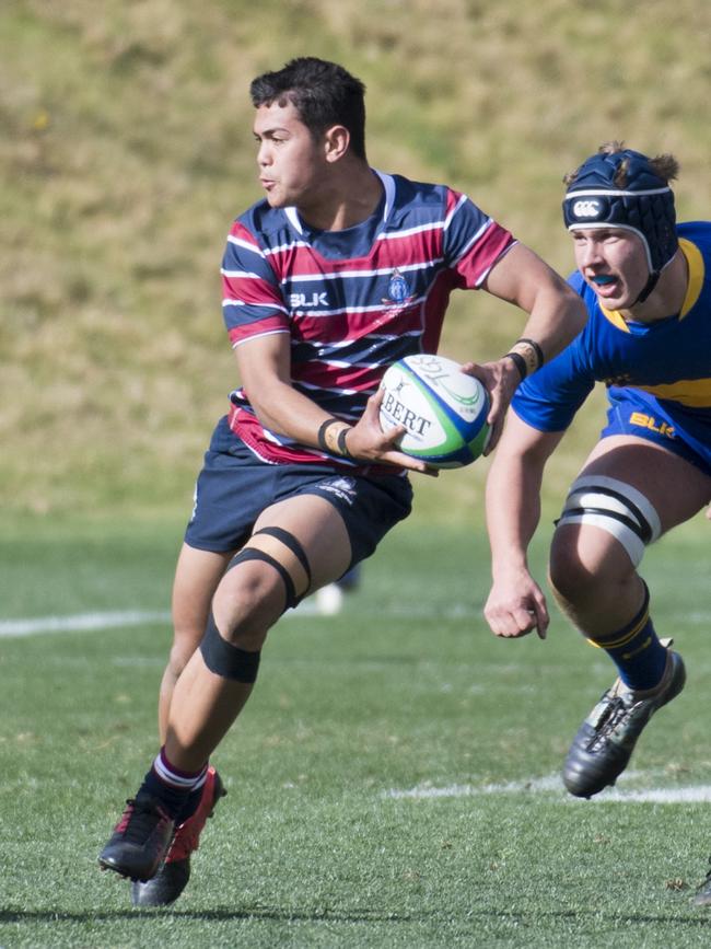 Kaleb Ngamanu shapes to pass v Toowoomba Grammar School in Round Four of 2019 GPS rugby competition. Picture: Nev Madsen