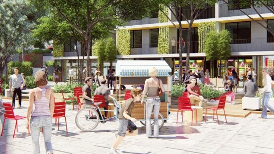 An artist's impression of the proposed Belrose Village Square development with 49 apartments above shops and cafes around a central plaza. Picture: Supplied