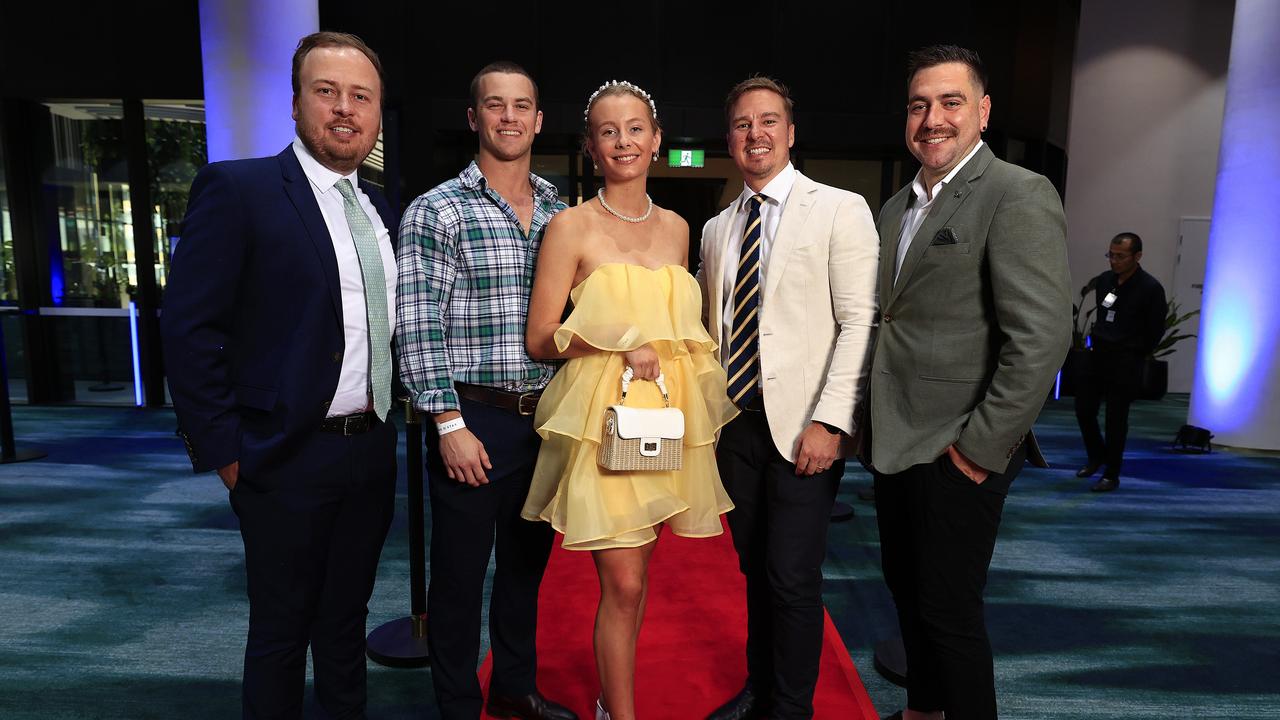 Jordon Warhurst, Jaya McLaughlin, Grace Dixon, Codey Warhurst, and Ryan Steinke at The Star Queen's Wharf Melbourne Cup party. Pic: Adam Head