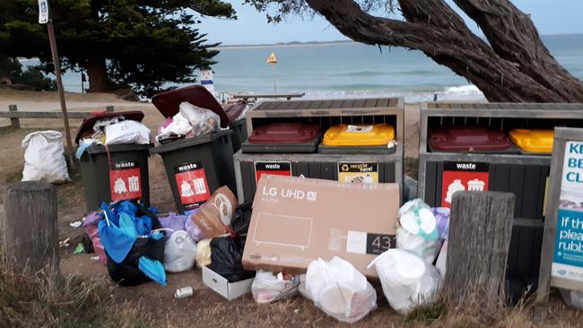 Overflowing rubbish at public bins in Torquay on Christmas Day. Picture: Torquay Rubbish Rangers/ Facebook