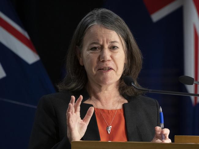 WELLINGTON, NEW ZEALAND - AUGUST 26: Director of public health Dr Caroline McElnay speaks to the media during the COVID-19 response and vaccine update on August 26, 2021 in Wellington, New Zealand. There have been 68 new cases of COVID-19 recorded in the New Zealand community in the last 24 hours, bringing the total number of cases in NZ's current community outbreak to 277. (Photo by Mark Mitchell - Pool/Getty Images)