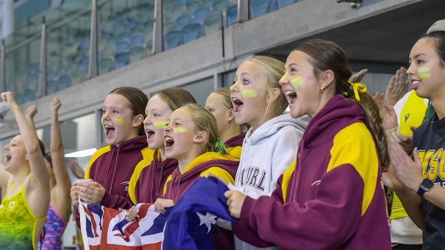 Fans gather and cheer on Kyle Chalmers at the SA Aquatic and Leisure Centre. Picture: Roy VanDerVegt