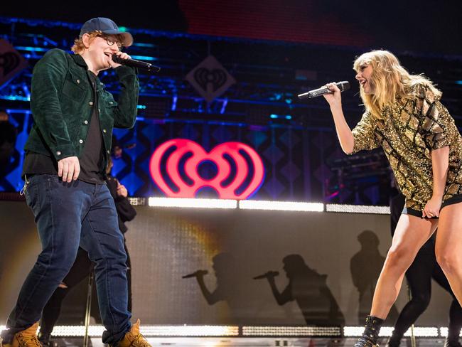 Taylor Swift hit the stage alongside old mate Ed Sheeran in Los Angeles last week. Picture: Christopher Polk/Getty Images for iHeartMedia