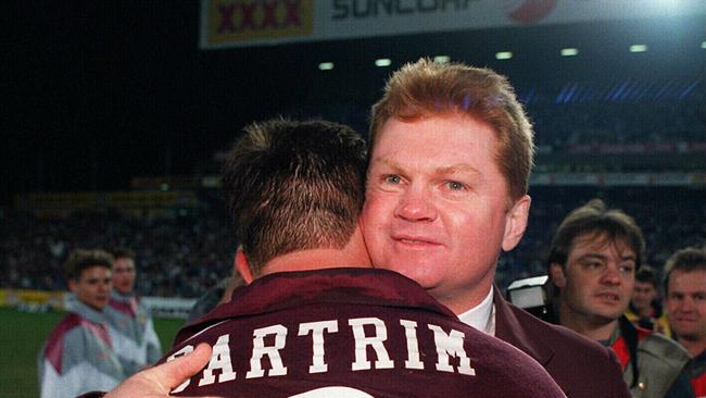 Qld State of Origin coach Paul "Fatty" Vautin congratulates Wayne Bartrim after win in third 1995 State of Origin match at Suncorp Stadium, in Brisbane.           Sport / Rugby League /    headshot smiling qld hugging