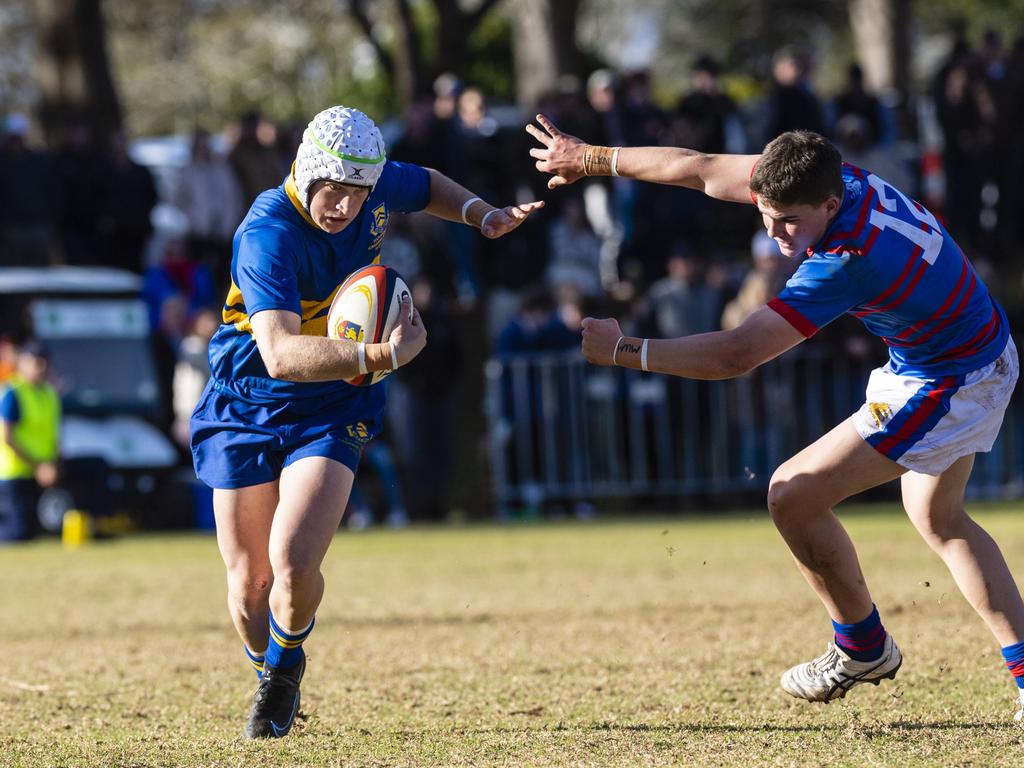 Will Nason (left) for Grammar and Heath Lindenmayer of Downlands in O'Callaghan Cup on Grammar Downlands Day at Downlands College, Saturday, August 6, 2022. Picture: Kevin Farmer