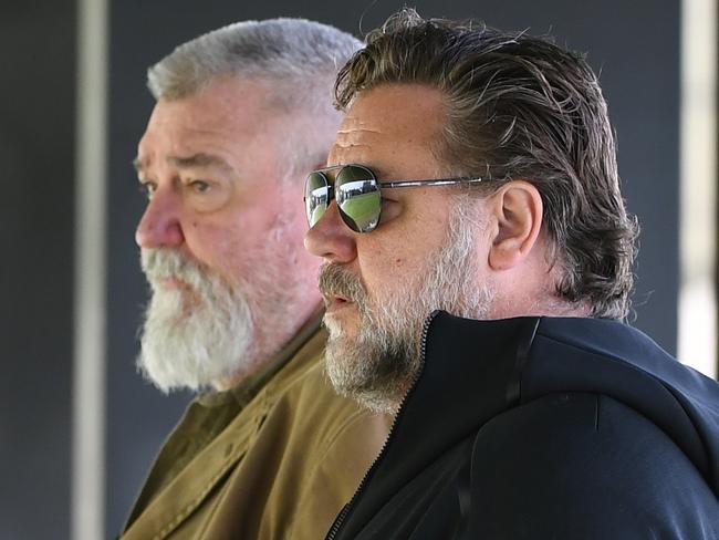 Club co-owner Russell Crowe and General Manager of Football Shane Richardson watch on during a South Sydney Rabbitohs training session at Redfern Oval in Sydney, Thursday, September 19, 2019. The Rabbitohs are set to play the Manly Sea Eagles in an NRL Finals match at ANZ Stadium on Friday. (AAP Image/Joel Carrett) NO ARCHIVING